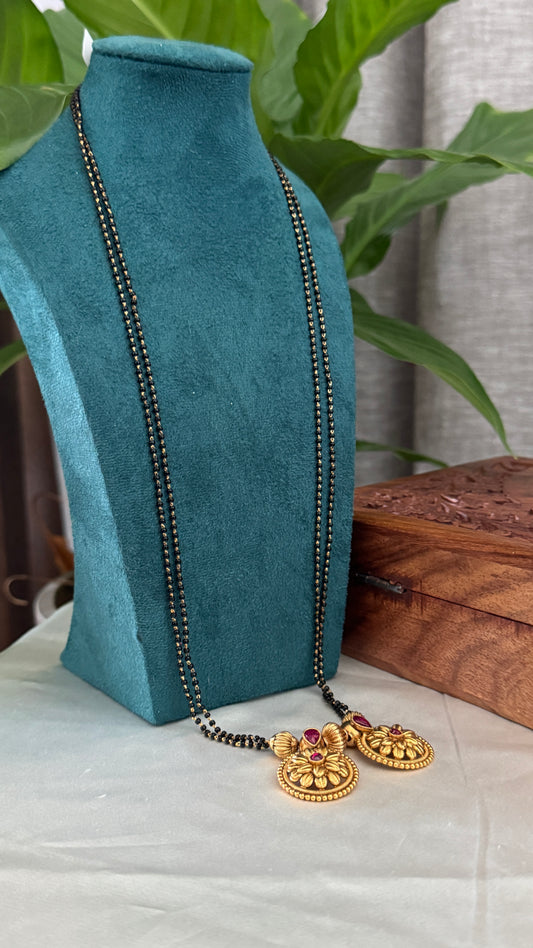 Long Mangalsutra with Gold Pendant – Traditional Black Bead Necklace