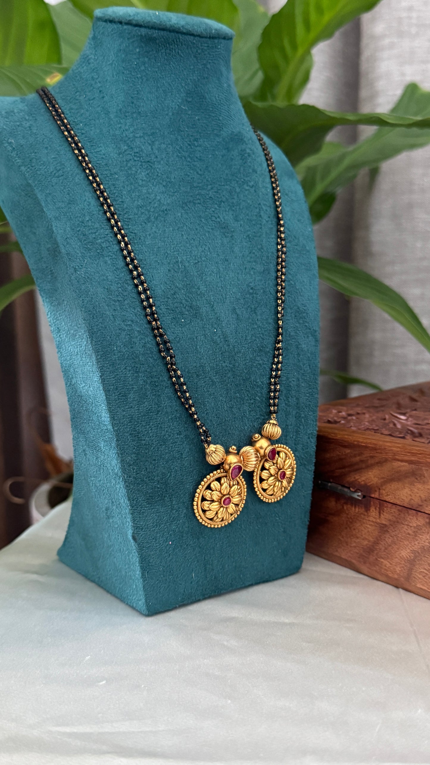 Long Mangalsutra with Gold Pendant – Traditional Black Bead Necklace