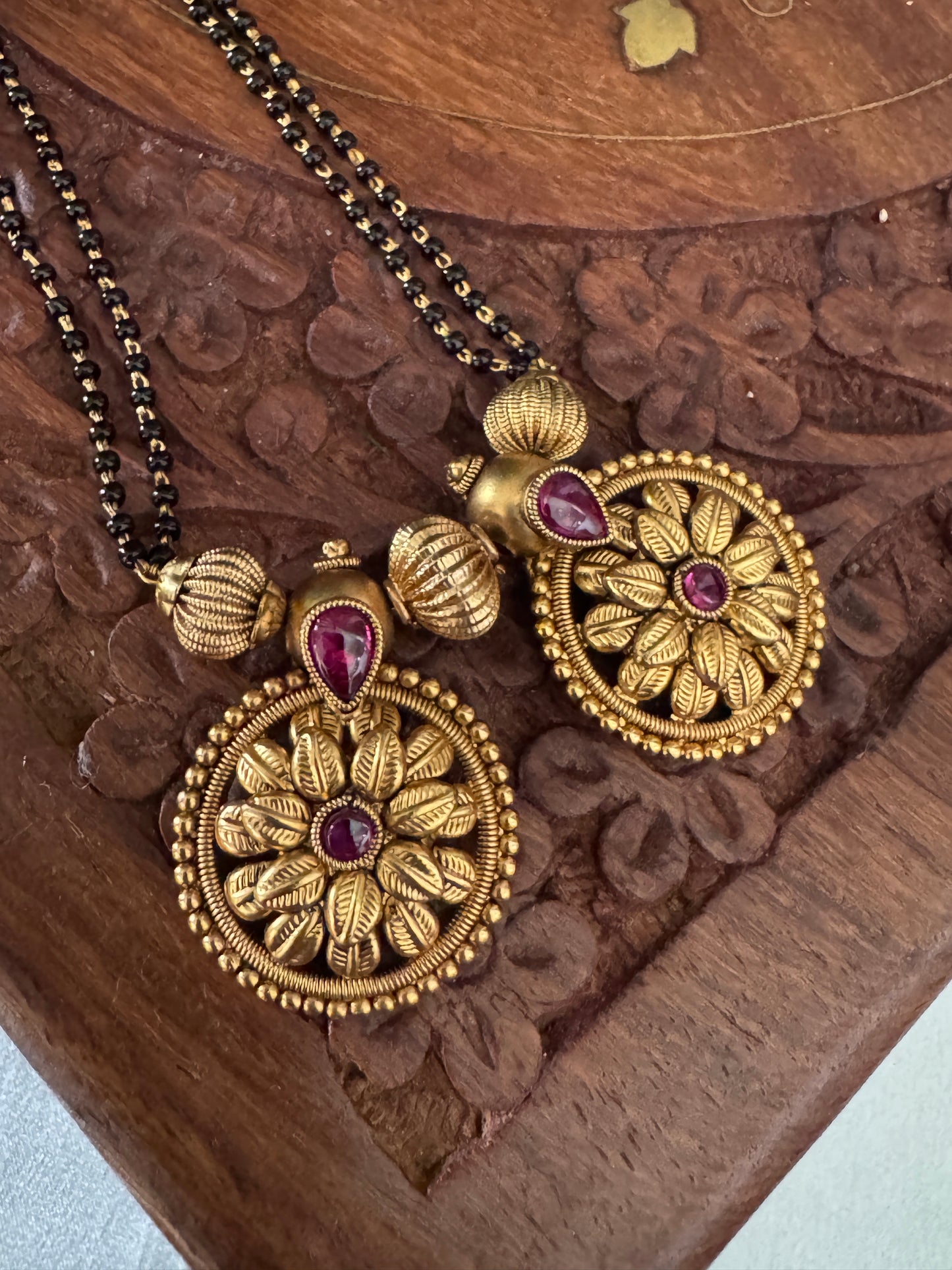 Long Mangalsutra with Gold Pendant – Traditional Black Bead Necklace