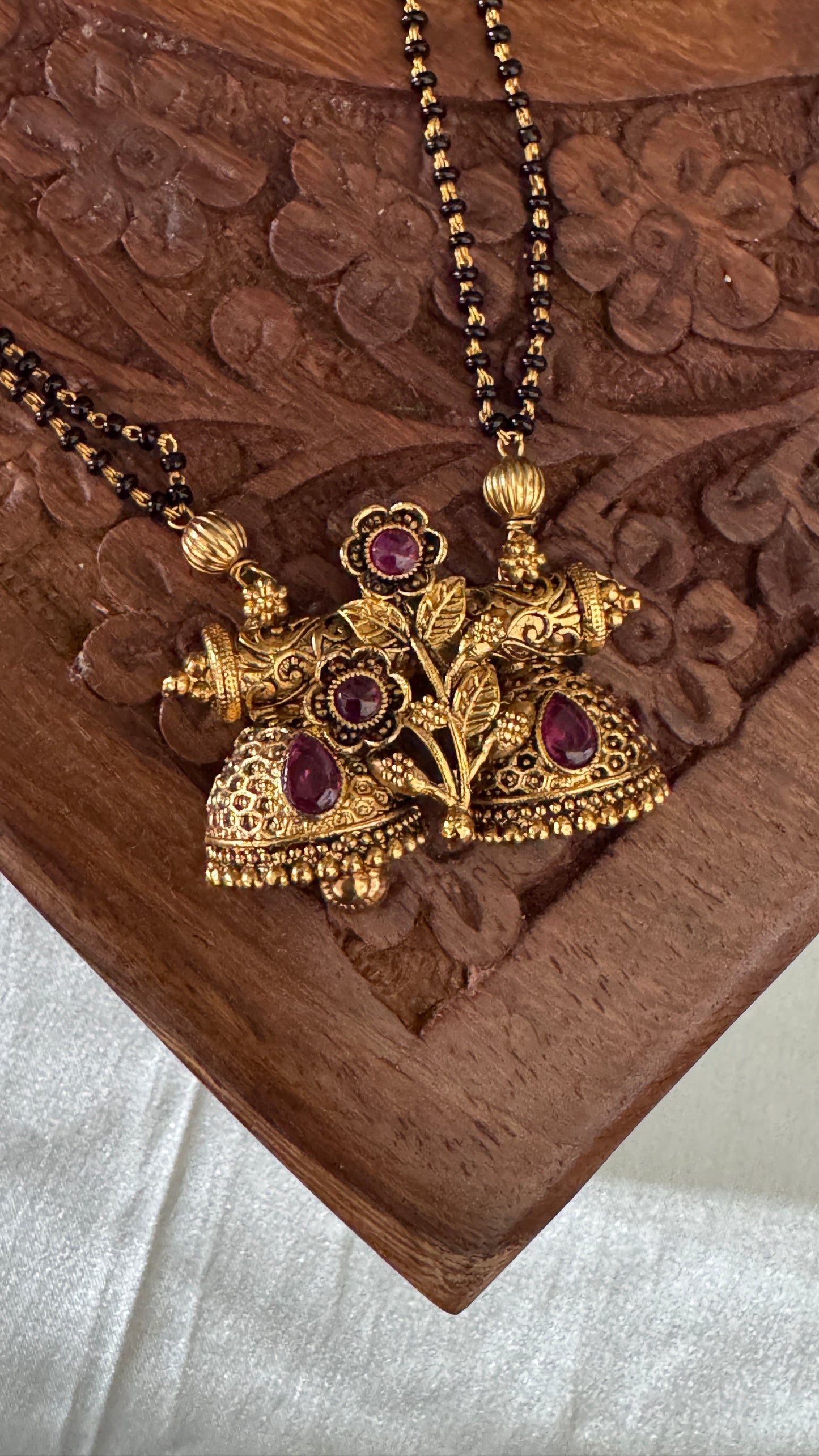 Long Mangalsutra with Gold Pendant – Traditional Black Bead Necklace