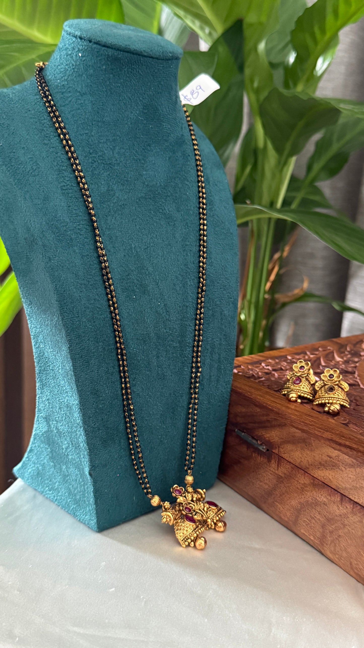 Long Mangalsutra with Gold Pendant – Traditional Black Bead Necklace