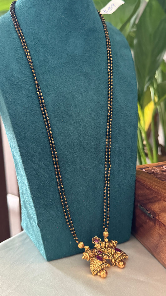 Long Mangalsutra with Gold Pendant – Traditional Black Bead Necklace