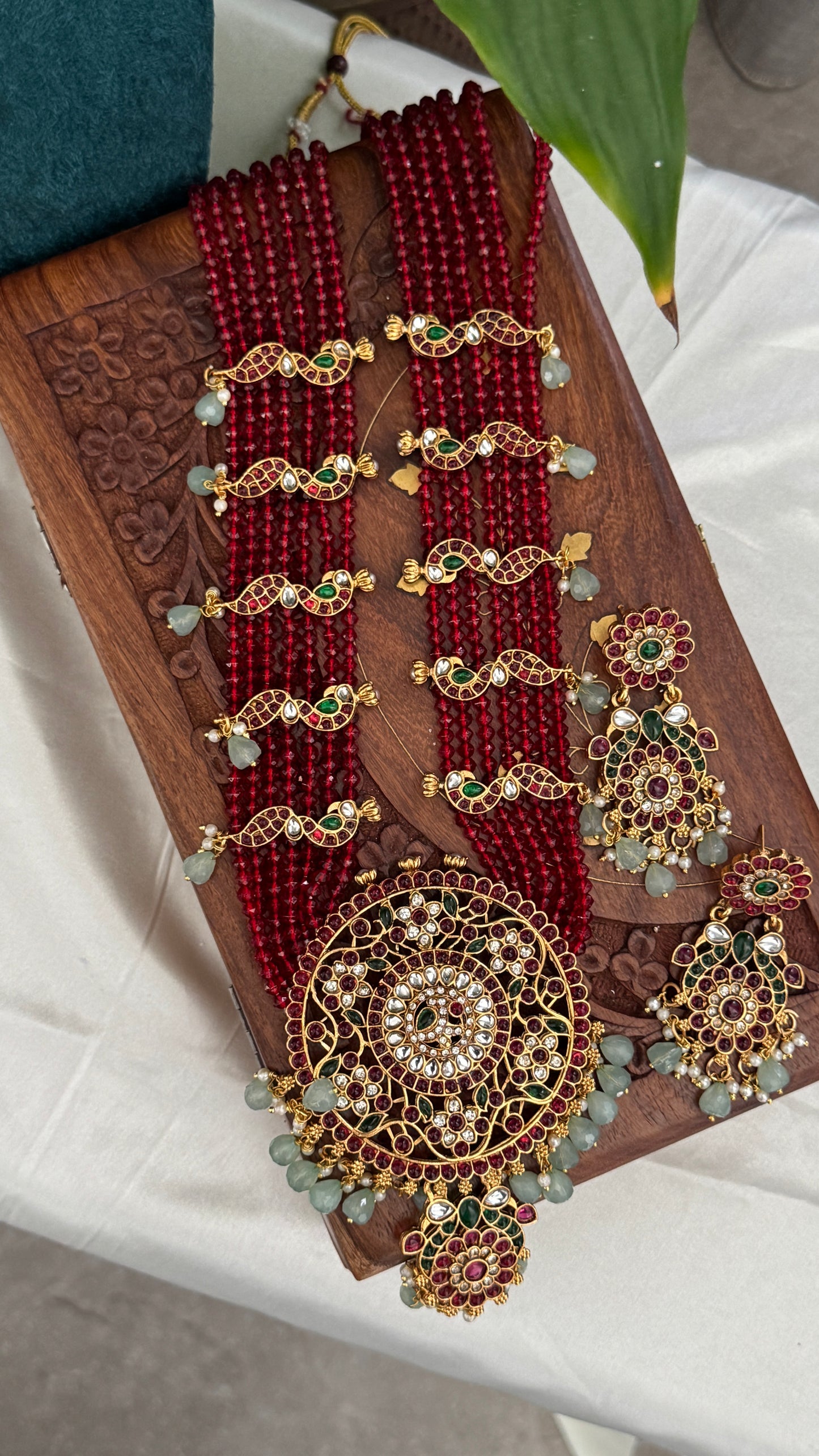 14 inch Long Haar Red Beaded Temple Jewellery Set