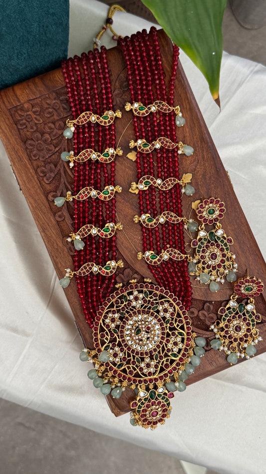 14 inch Long Haar Red Beaded Temple Jewellery Set
