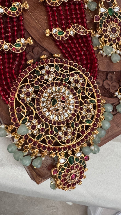 14 inch Long Haar Red Beaded Temple Jewellery Set