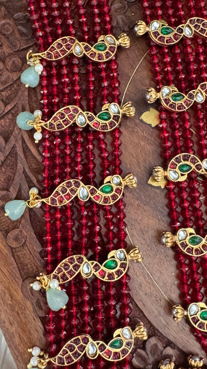 14 inch Long Haar Red Beaded Temple Jewellery Set