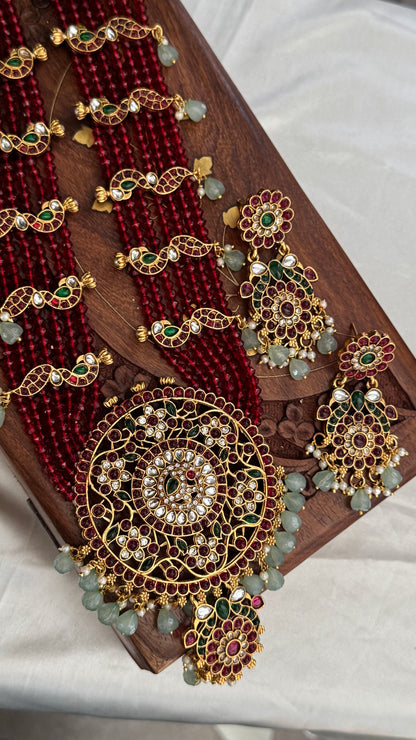 14 inch Long Haar Red Beaded Temple Jewellery Set