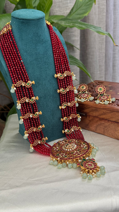 14 inch Long Haar Red Beaded Temple Jewellery Set