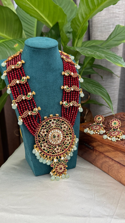 14 inch Long Haar Red Beaded Temple Jewellery Set