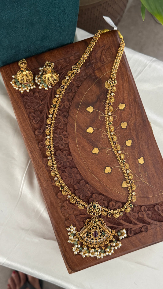Unique Long Temple Haar Jewellery Set with Jhumkas