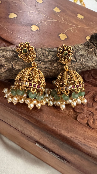 Unique Long Temple Haar Jewellery Set with Jhumkas