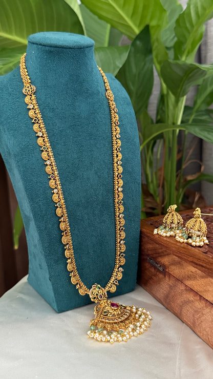Unique Long Temple Haar Jewellery Set with Jhumkas