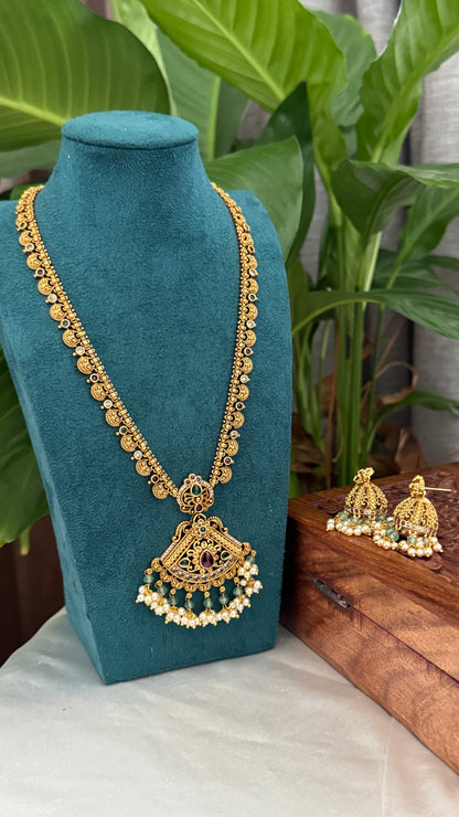 Unique Long Temple Haar Jewellery Set with Jhumkas