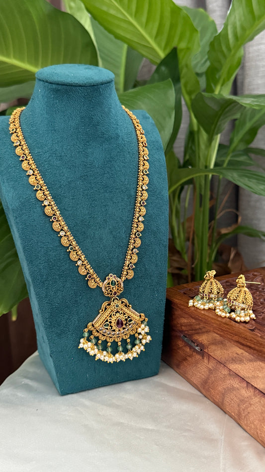 Unique Long Temple Haar Jewellery Set with Jhumkas