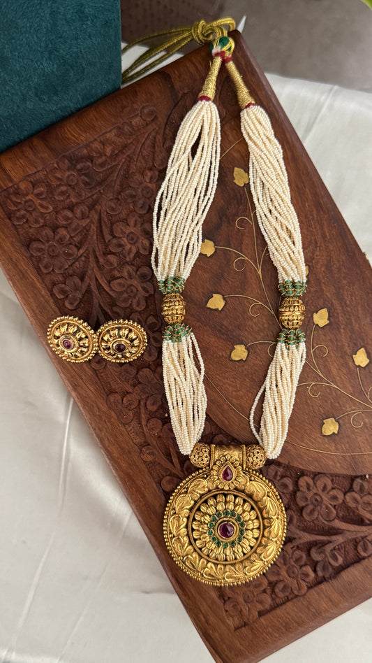 Gold Plated White Beaded Temple jewellery Set