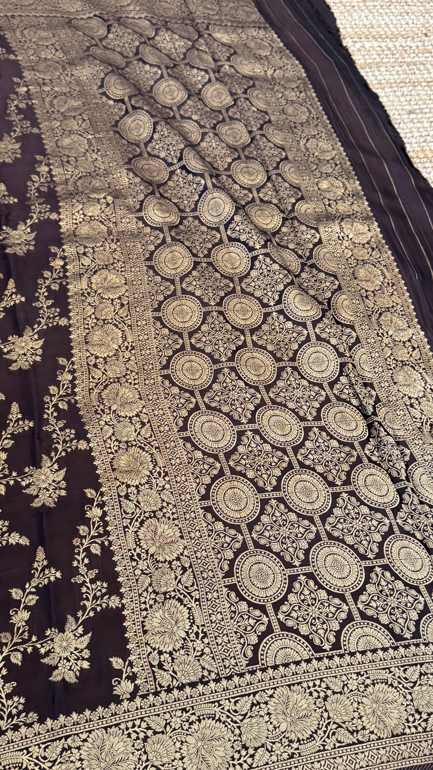 Pure Mashru Silk Banarasi Saree With Jaal Banarasi Weave - Coffee Brown