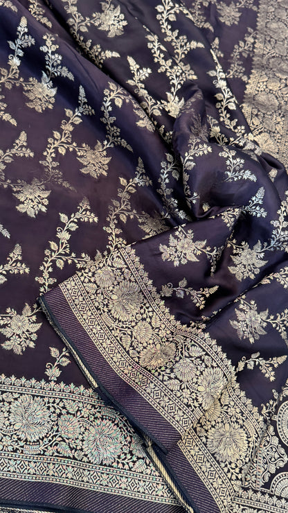 Pure Mashru Silk Banarasi Saree With Jaal Banarasi Weave - Coffee Brown