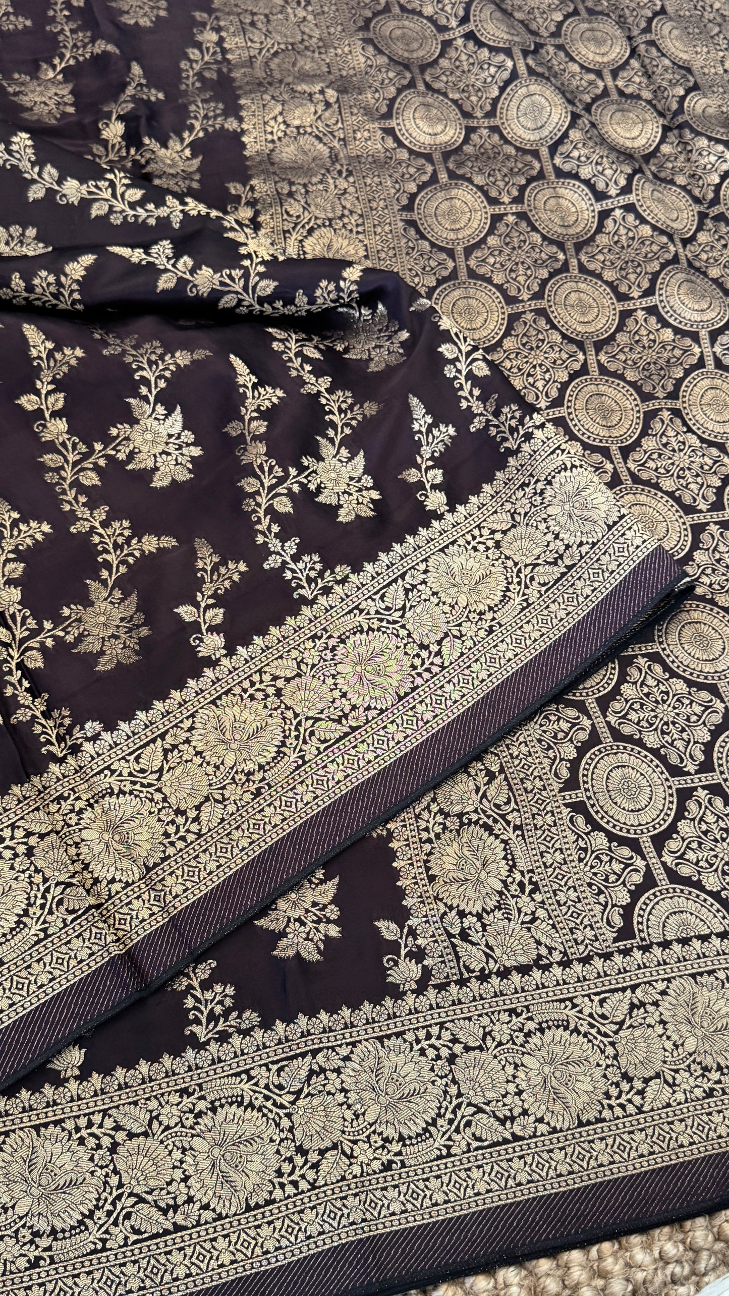 Pure Mashru Silk Banarasi Saree With Jaal Banarasi Weave - Coffee Brown