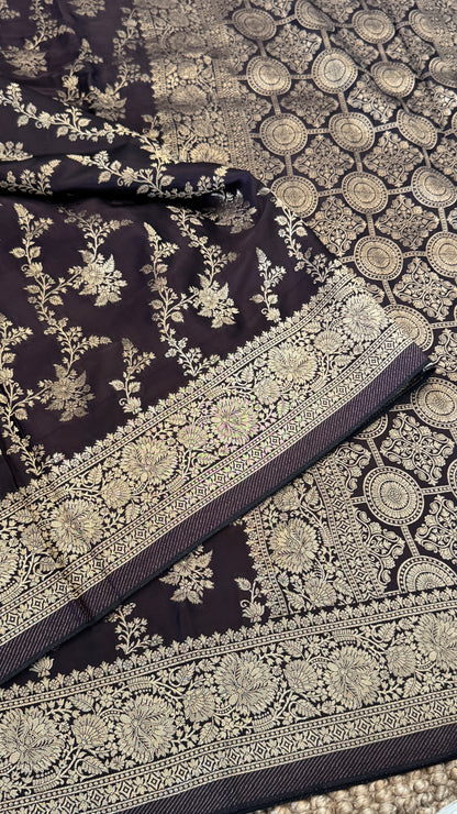 Pure Mashru Silk Banarasi Saree With Jaal Banarasi Weave - Coffee Brown