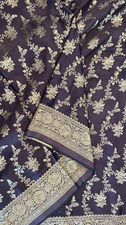 Pure Mashru Silk Banarasi Saree With Jaal Banarasi Weave - Coffee Brown