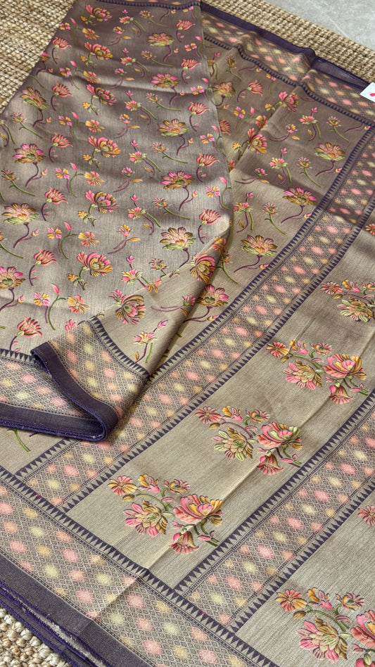 Exclusive - A Soft Tissue Banarasi Handwoven Sarees with floral prints - Gold & Lavender