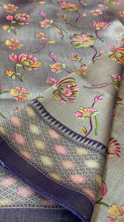 Exclusive - A Soft Tissue Banarasi Handwoven Sarees with floral prints - Gold & Lavender