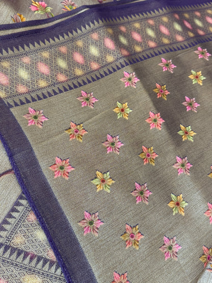 Exclusive - A Soft Tissue Banarasi Handwoven Sarees with floral prints - Gold & Lavender