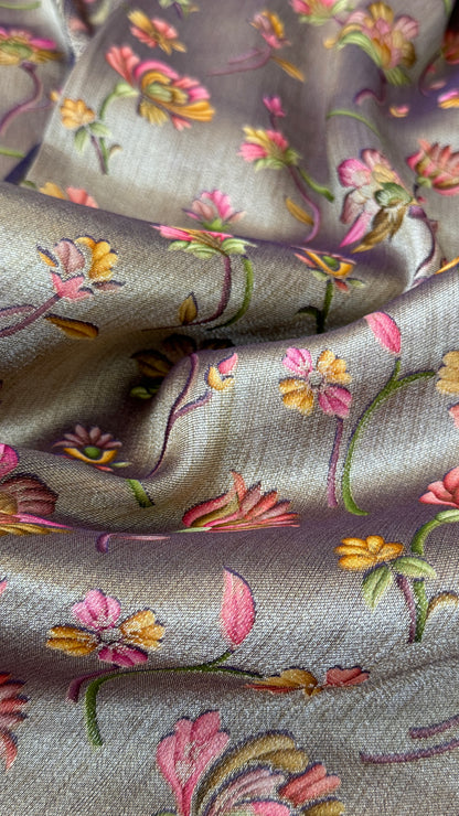 Exclusive - A Soft Tissue Banarasi Handwoven Sarees with floral prints - Gold & Lavender