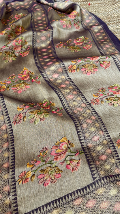 Exclusive - A Soft Tissue Banarasi Handwoven Sarees with floral prints - Gold & Lavender