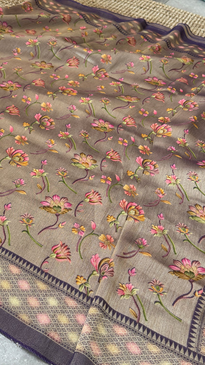 Exclusive - A Soft Tissue Banarasi Handwoven Sarees with floral prints - Gold & Lavender