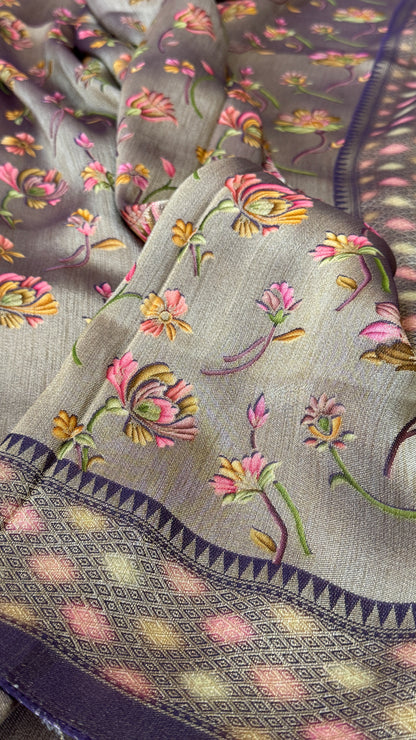 Exclusive - A Soft Tissue Banarasi Handwoven Sarees with floral prints - Gold & Lavender