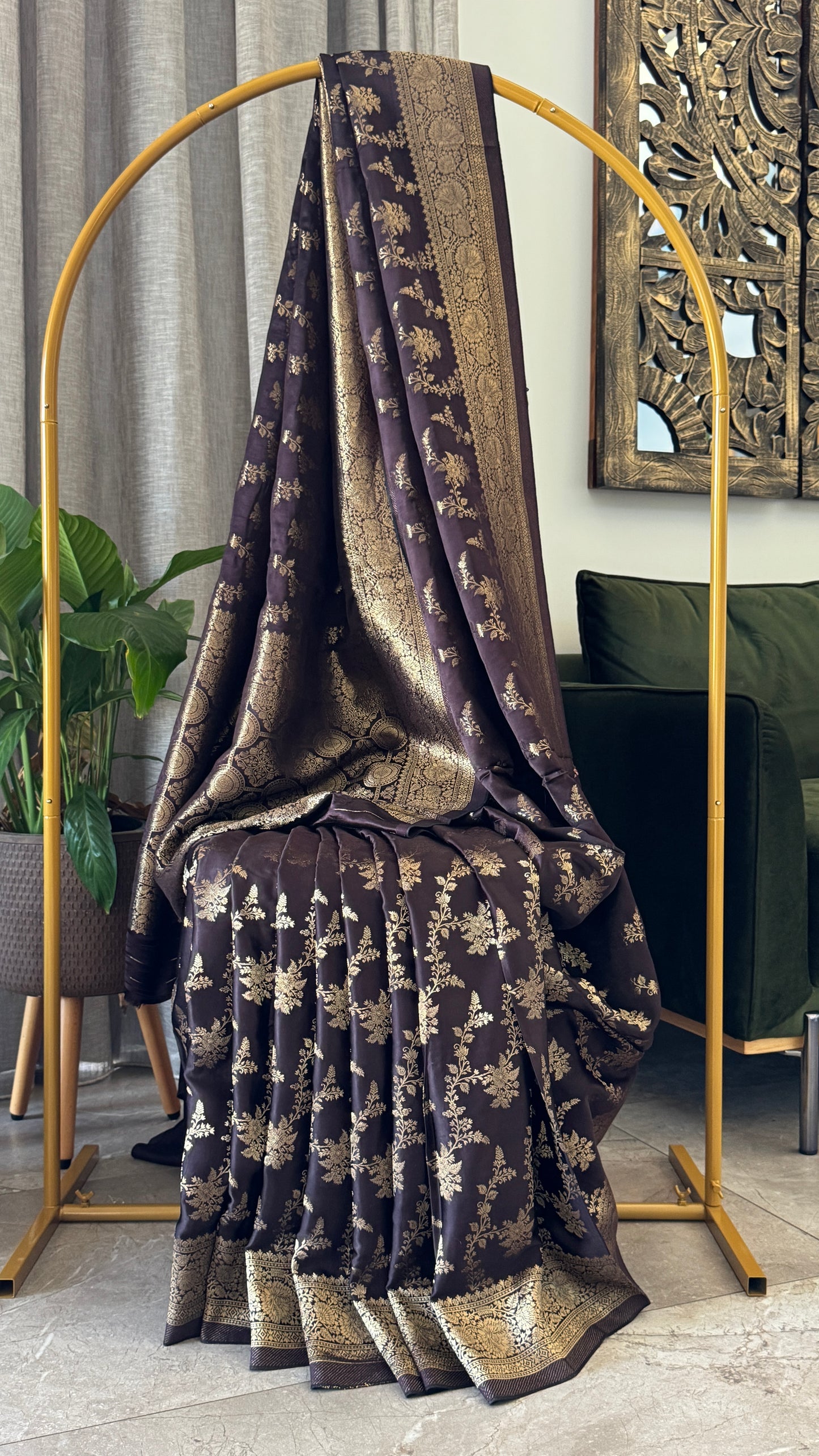 Pure Mashru Silk Banarasi Saree With Jaal Banarasi Weave - Coffee Brown