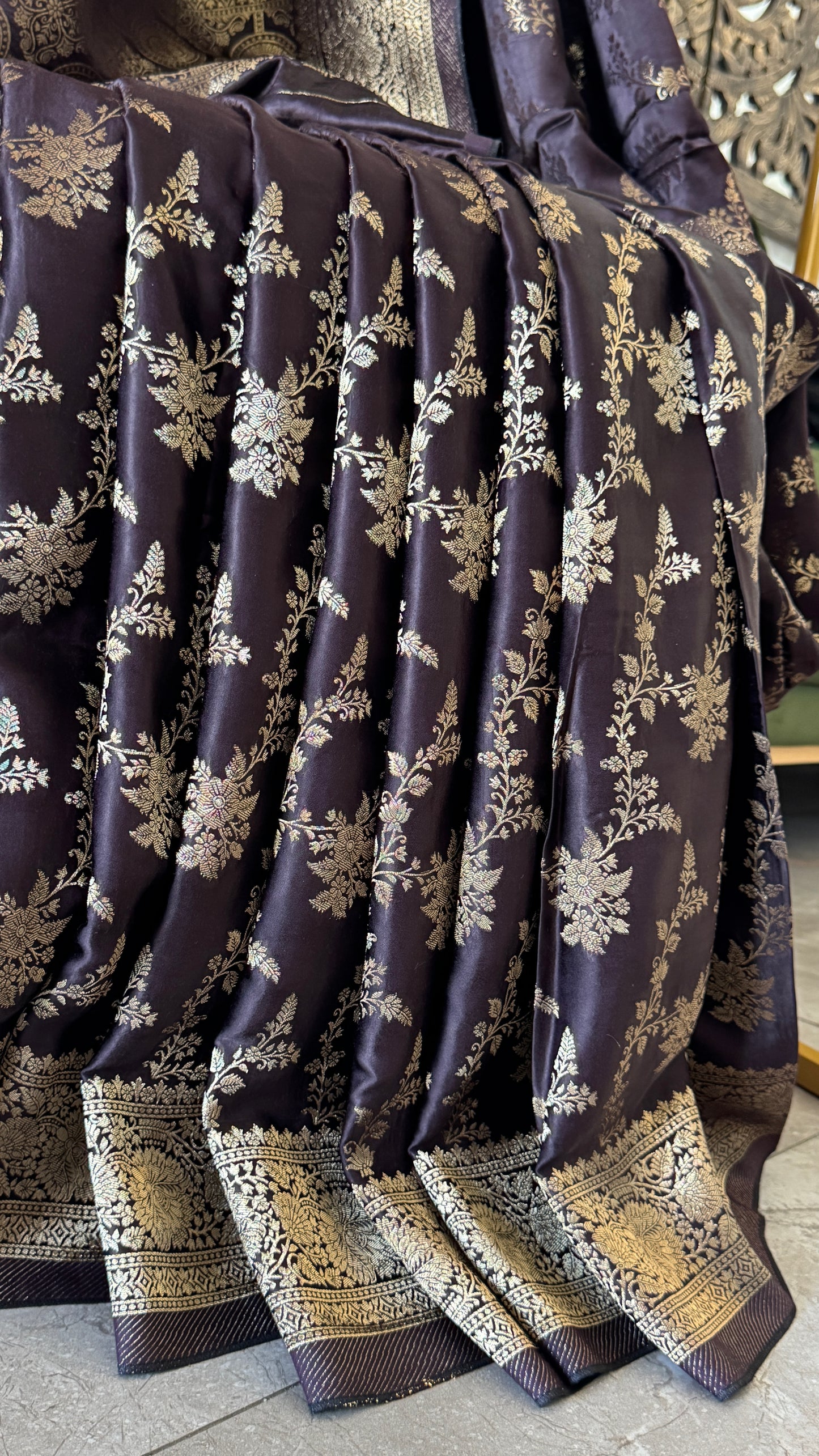 Pure Mashru Silk Banarasi Saree With Jaal Banarasi Weave - Coffee Brown