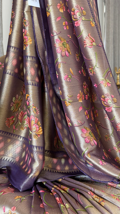 Exclusive - A Soft Tissue Banarasi Handwoven Sarees with floral prints - Gold & Lavender
