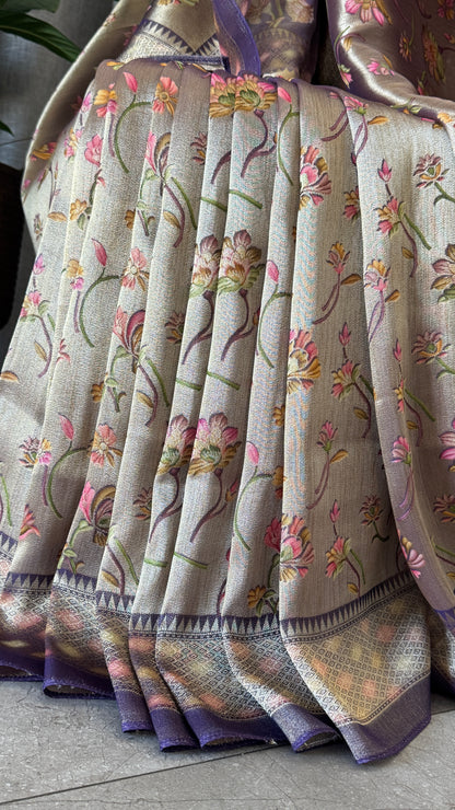 Exclusive - A Soft Tissue Banarasi Handwoven Sarees with floral prints - Gold & Lavender