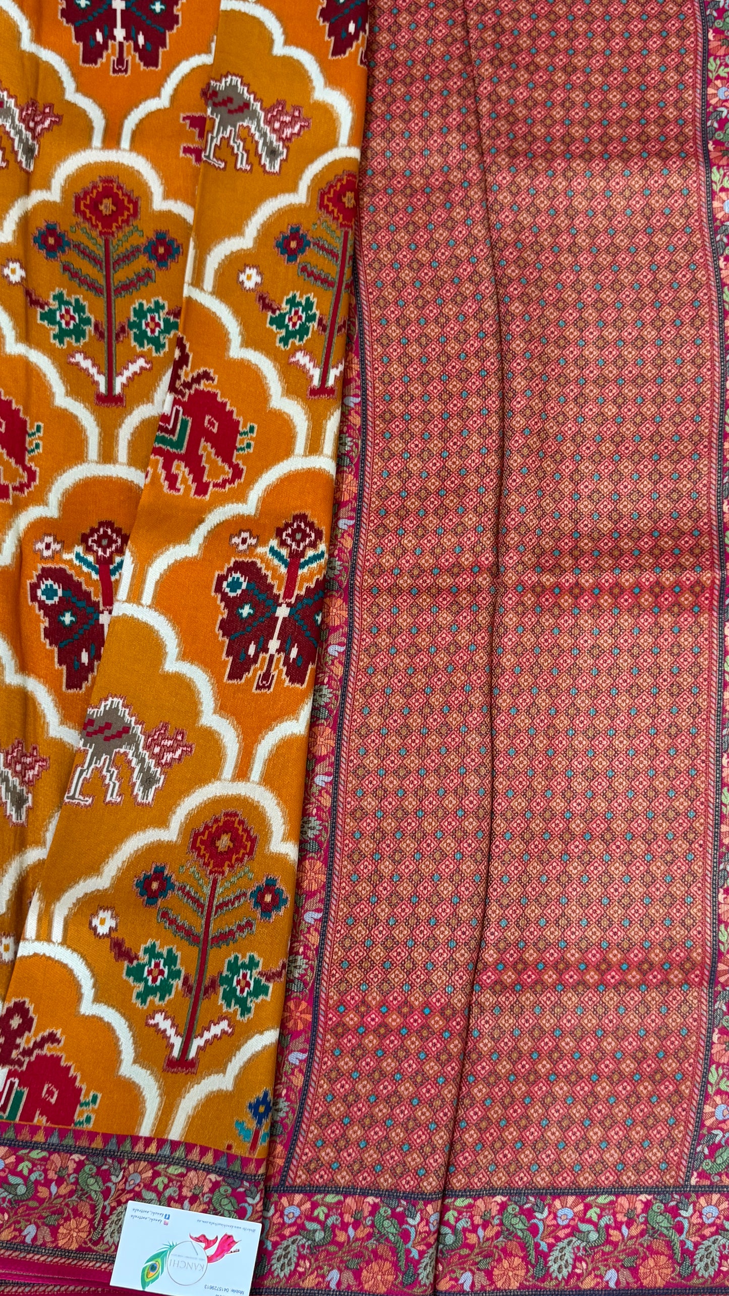 A Kashmiri Pashmina Banarasi Handwoven Sarees with Patola prints - Mustard