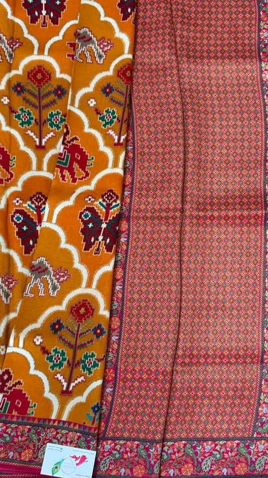A Kashmiri Pashmina Banarasi Handwoven Sarees with Patola prints - Mustard