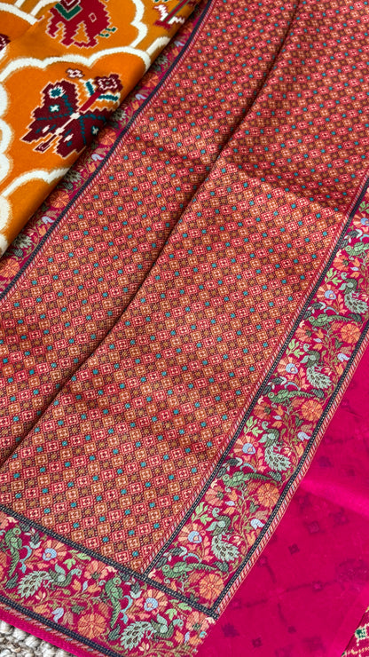 A Kashmiri Pashmina Banarasi Handwoven Sarees with Patola prints - Mustard