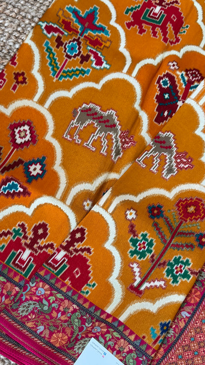 A Kashmiri Pashmina Banarasi Handwoven Sarees with Patola prints - Mustard