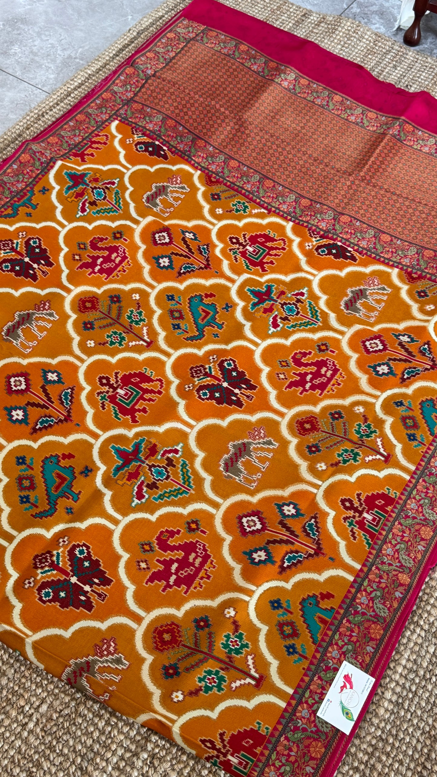 A Kashmiri Pashmina Banarasi Handwoven Sarees with Patola prints - Mustard