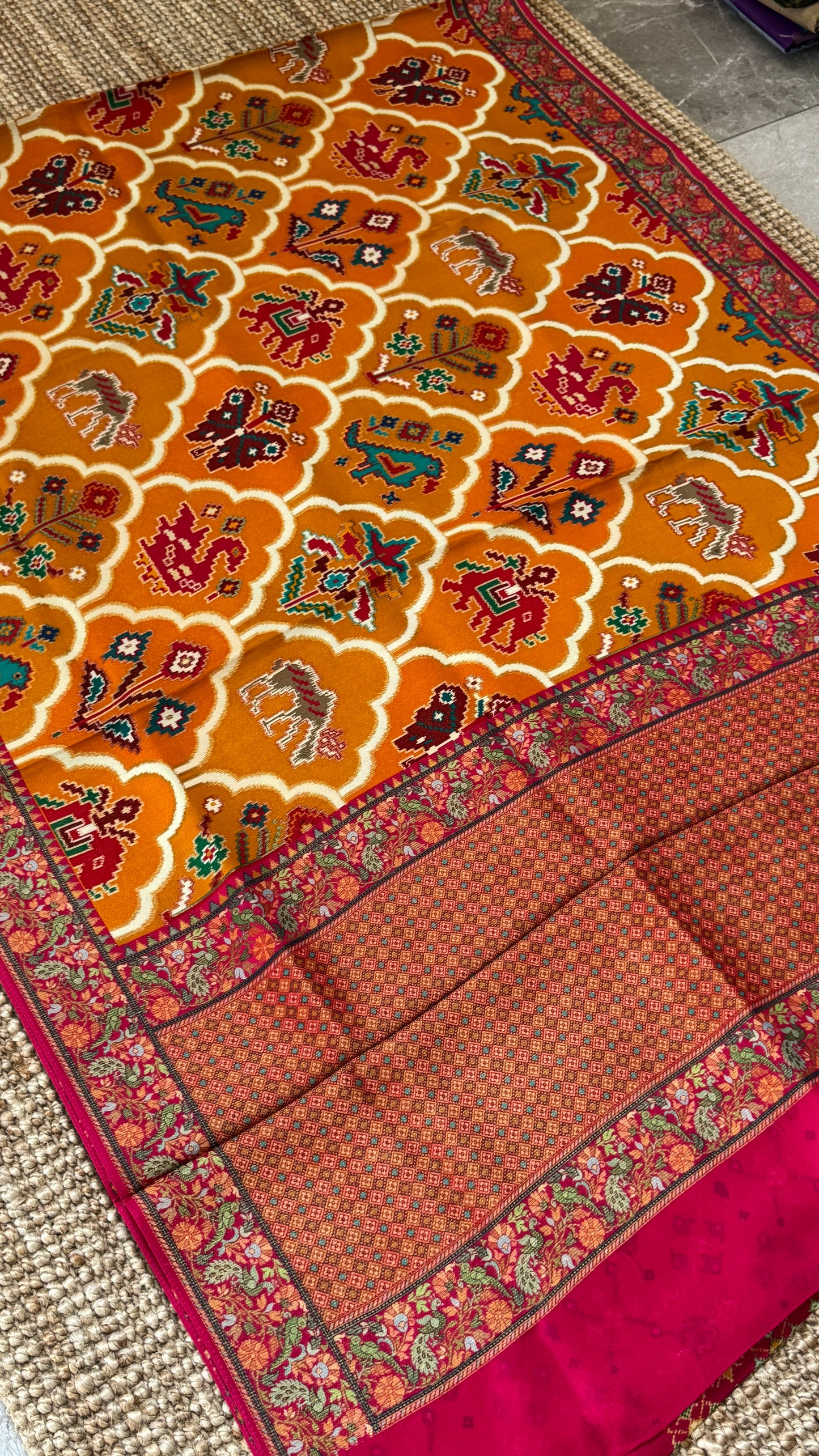 A Kashmiri Pashmina Banarasi Handwoven Sarees with Patola prints - Mustard