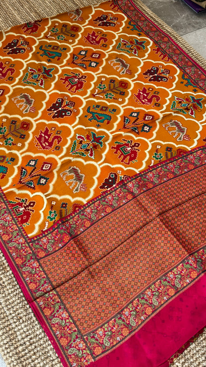A Kashmiri Pashmina Banarasi Handwoven Sarees with Patola prints - Mustard