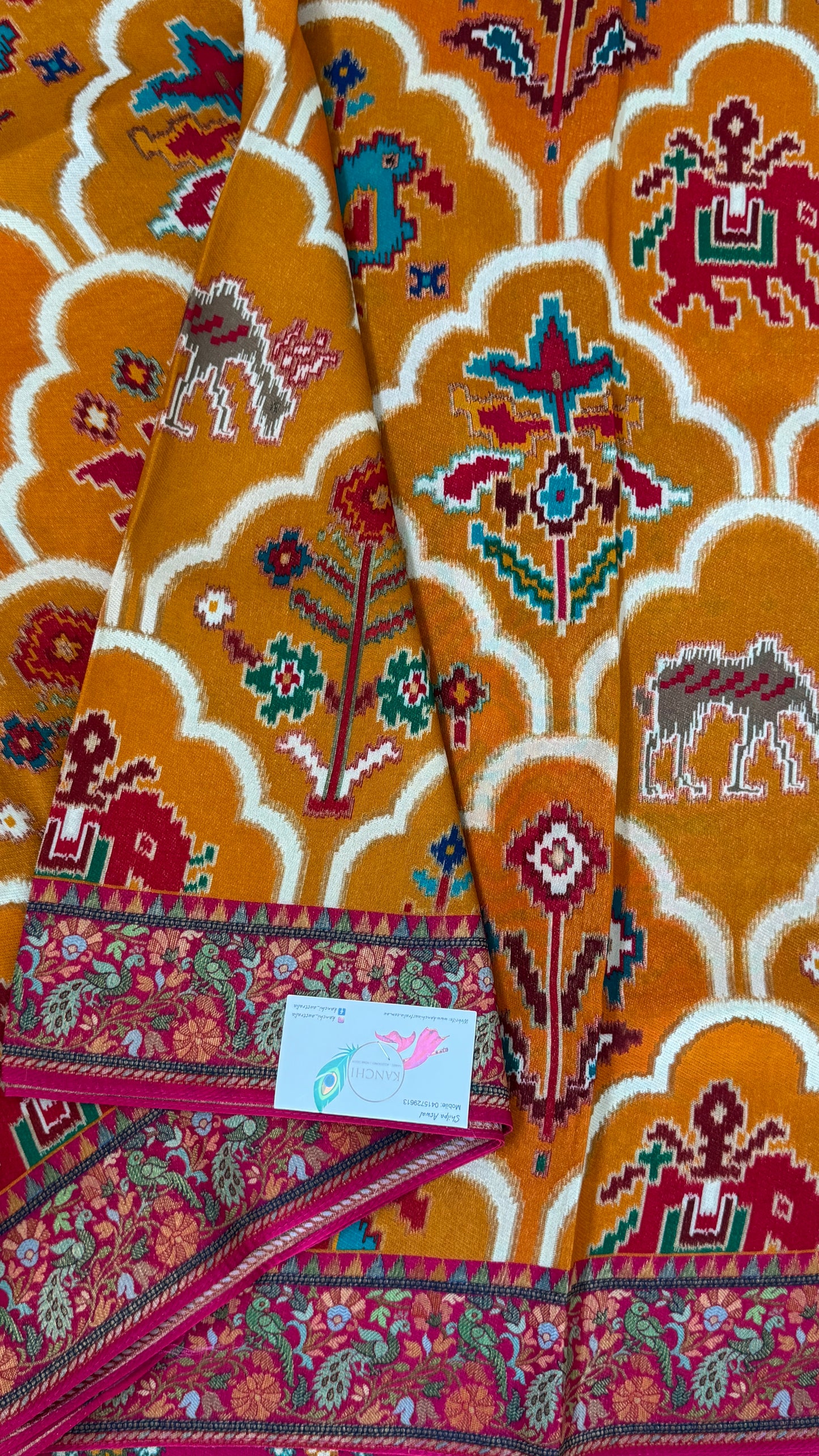 A Kashmiri Pashmina Banarasi Handwoven Sarees with Patola prints - Mustard