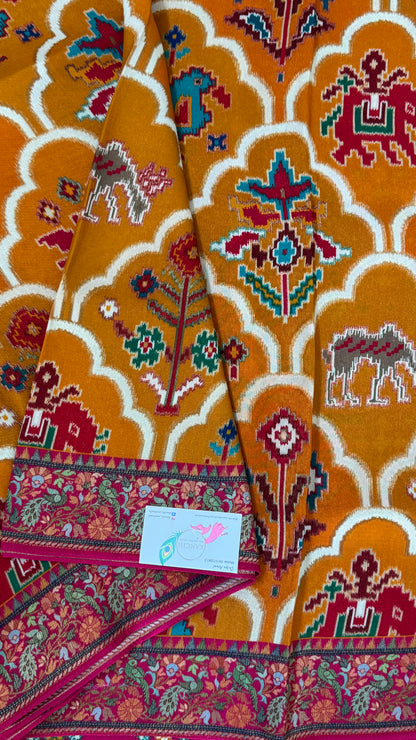A Kashmiri Pashmina Banarasi Handwoven Sarees with Patola prints - Mustard