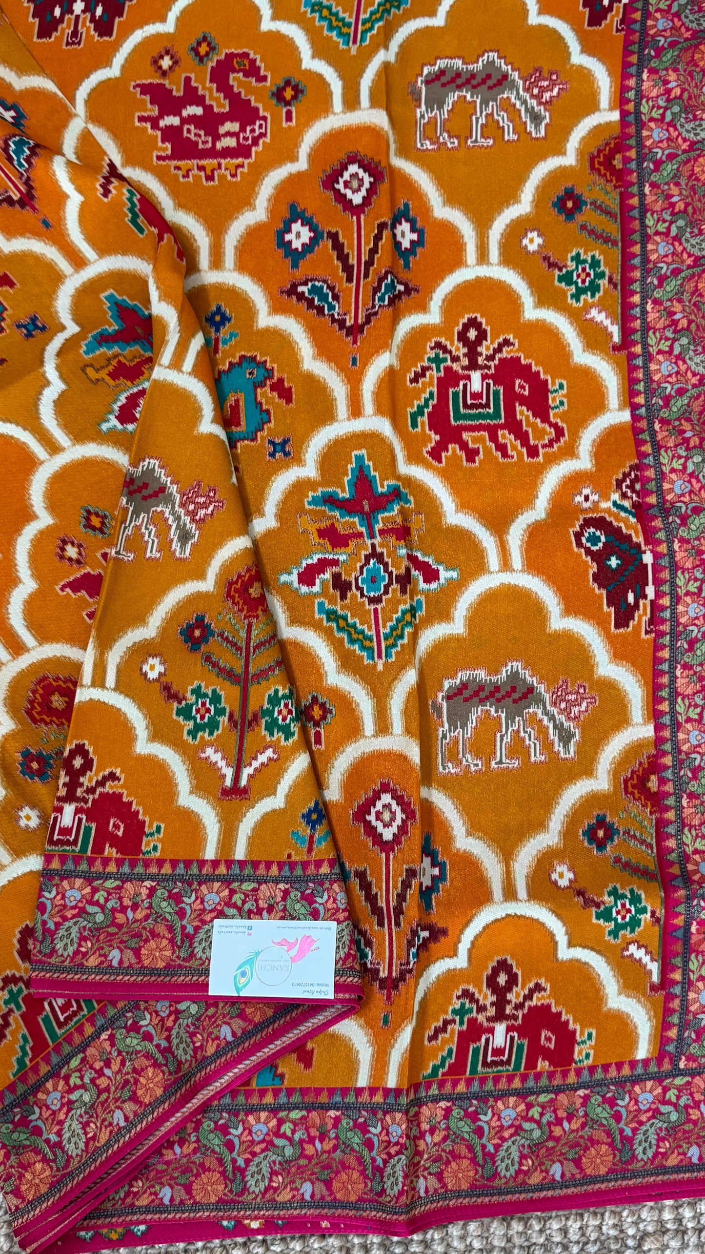 A Kashmiri Pashmina Banarasi Handwoven Sarees with Patola prints - Mustard
