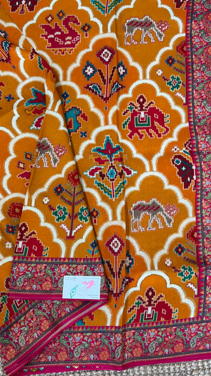 A Kashmiri Pashmina Banarasi Handwoven Sarees with Patola prints - Mustard