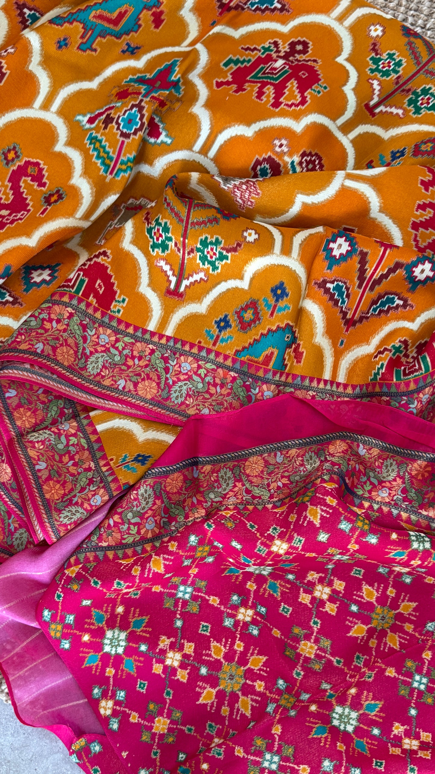 A Kashmiri Pashmina Banarasi Handwoven Sarees with Patola prints - Mustard