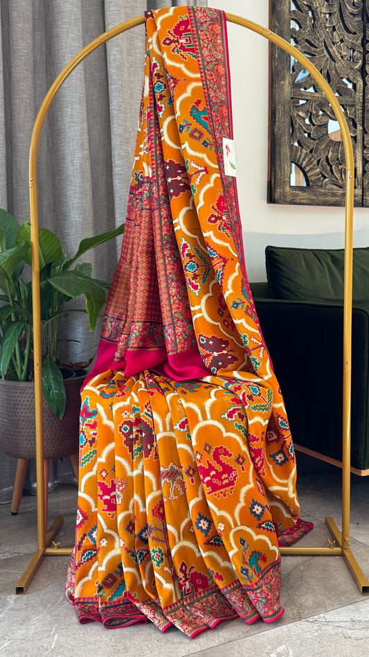 A Kashmiri Pashmina Banarasi Handwoven Sarees with Patola prints - Mustard