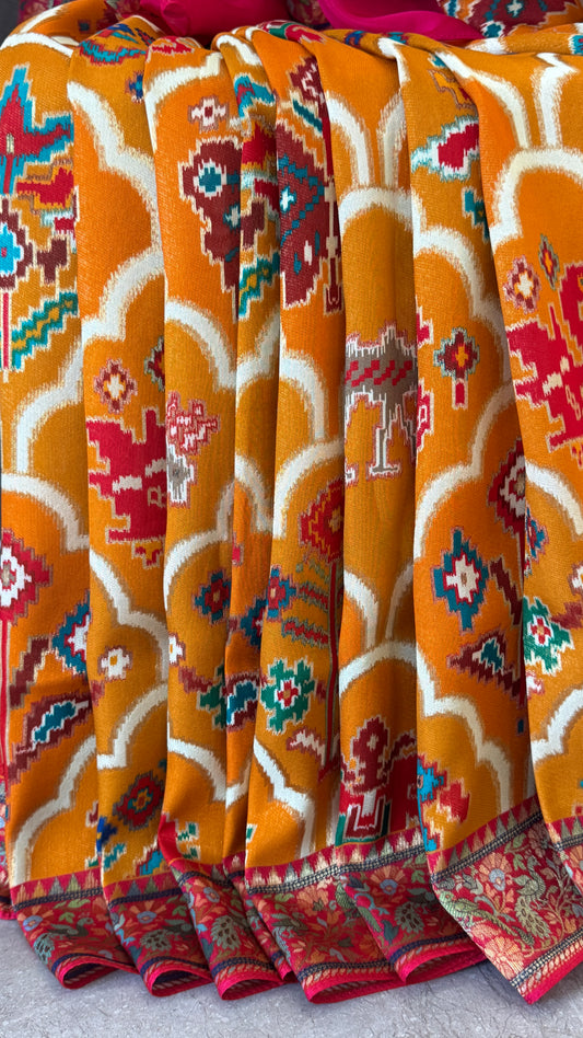 A Kashmiri Pashmina Banarasi Handwoven Sarees with Patola prints - Mustard