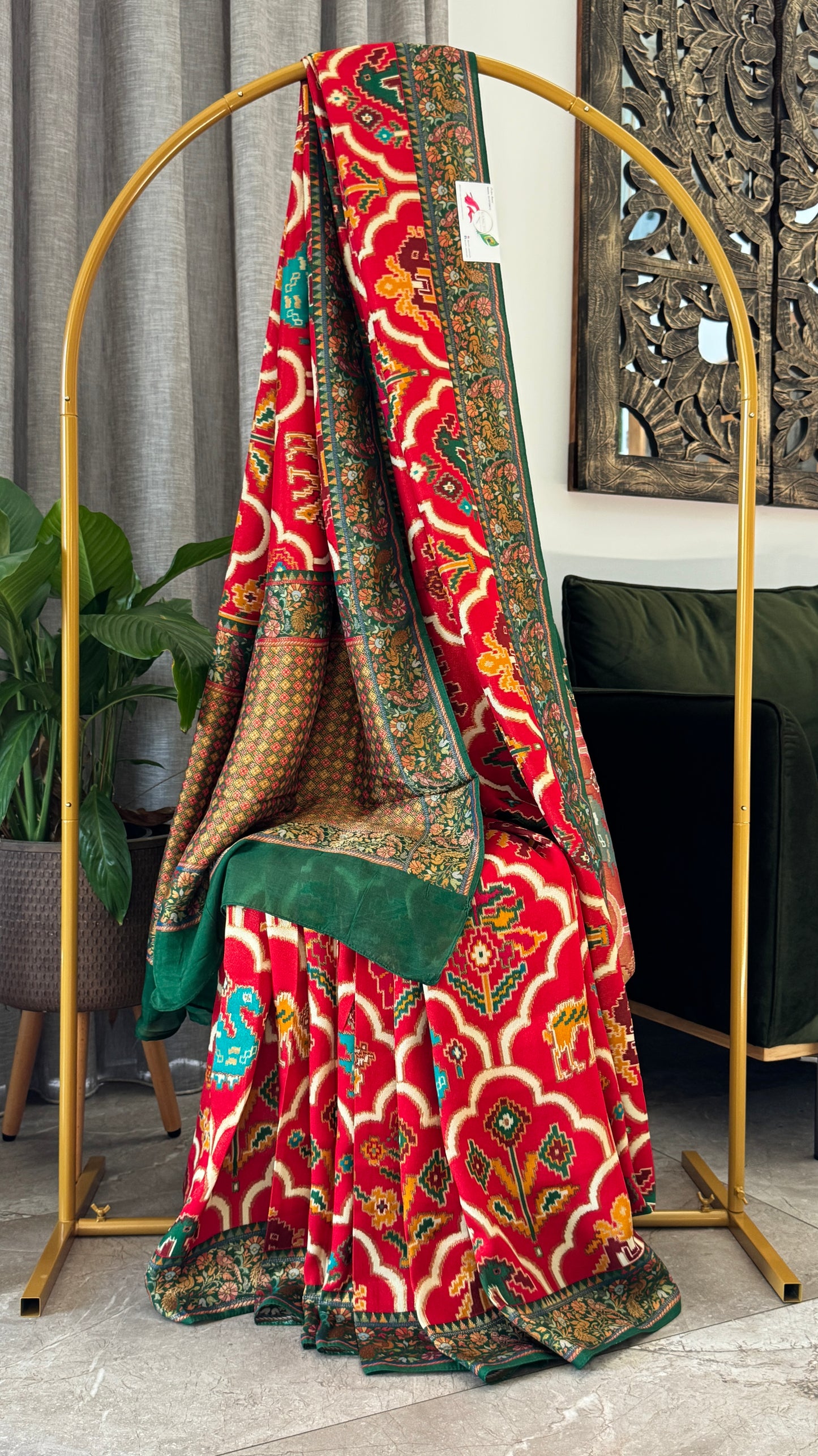 A Kashmiri Pashmina Banarasi Handwoven Sarees with Patola prints - Red with Green